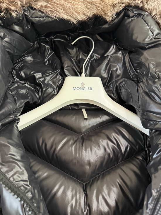 Moncler Black Quilted Chevron Down Puffer Coat with Fur-Trim Hood